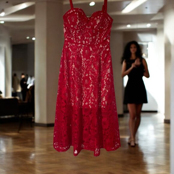 NWT Pretty Little Thing Lace Midi Bright Red Dress Party Hearts Day Sz 4 Corset - Picture 6 of 8